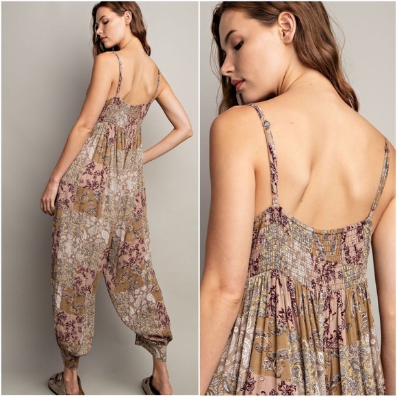 080 Boho Blue Paisley Print Pockets Jumpsuit - Picture 10 of 10